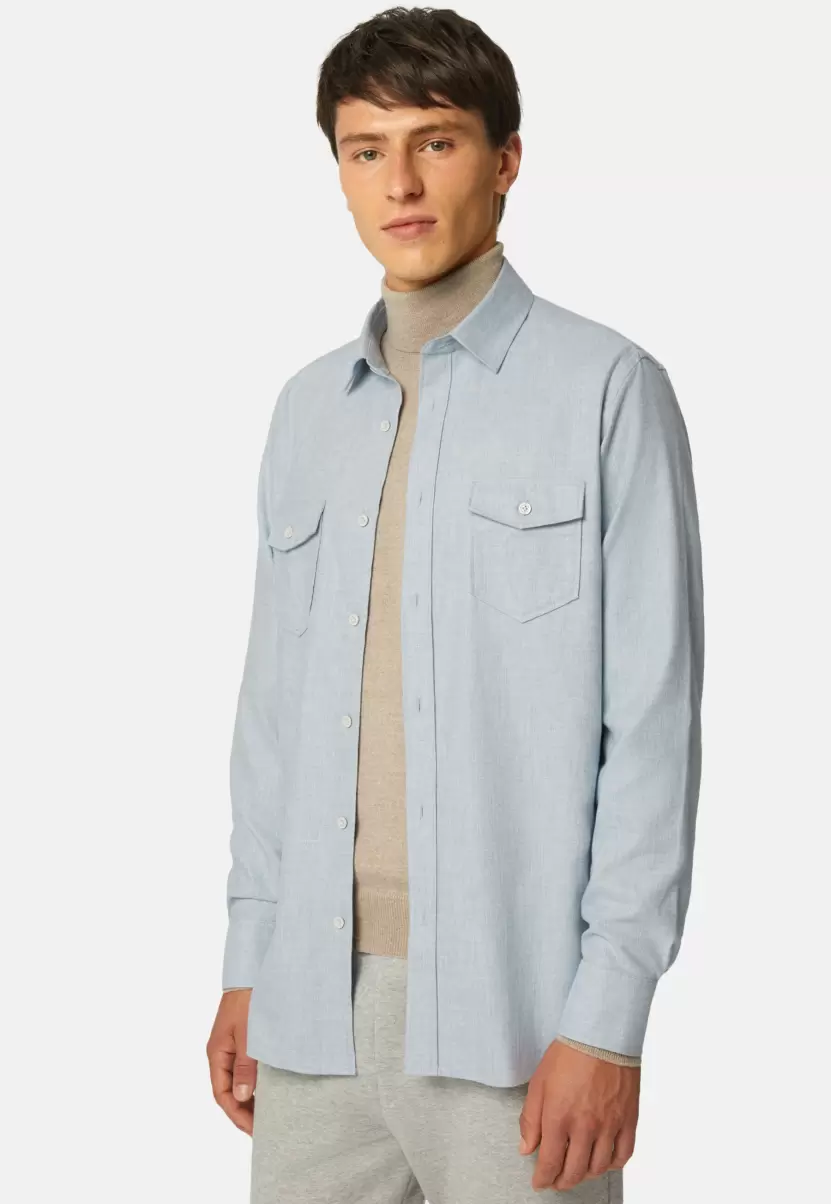 Homme Boggi Milano Chemise Bleue En Coton Et Tencel Regular Fit Chemises Décontractée - 1